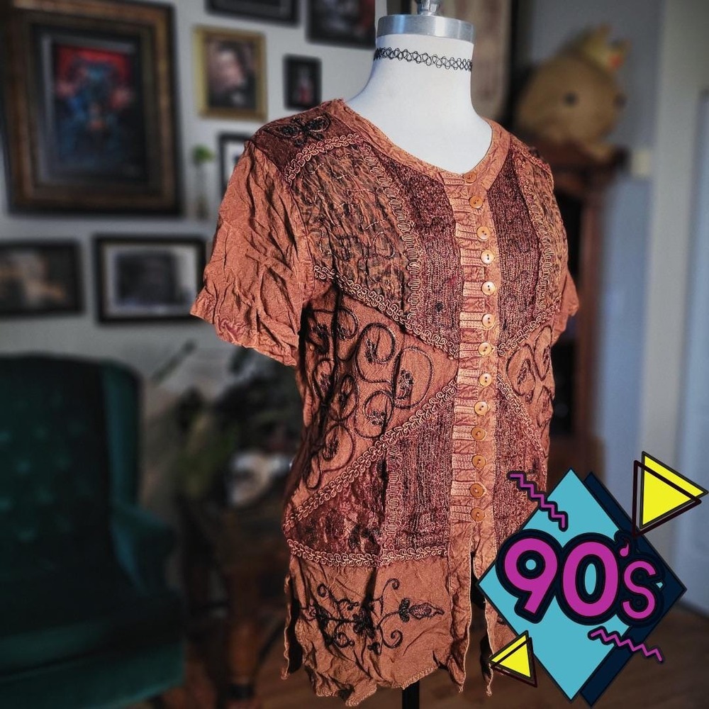 Brown Embroidered Patchwork Top Vintage 90s Speedlimit MPH Women's Size‎ L Boho